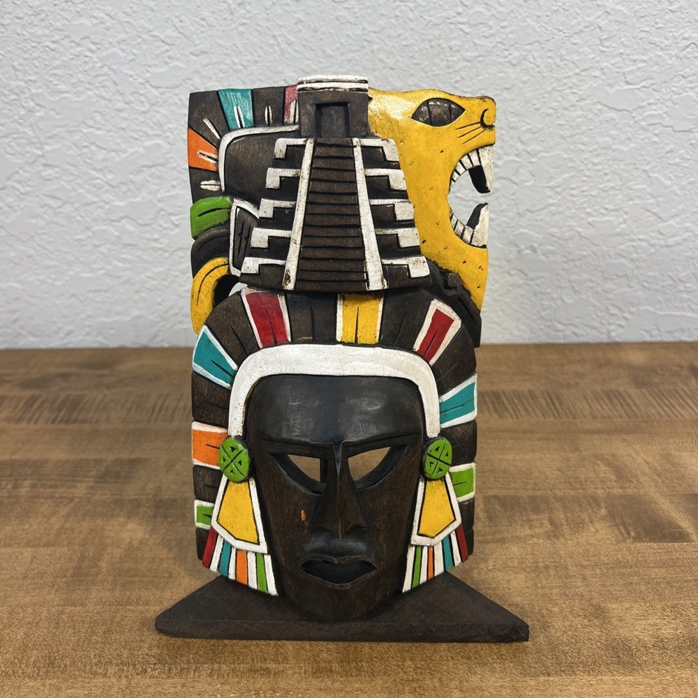 Wood Hand Carved Painted Aztec Mayan Mexican Wall Mask Folk Art Warrior